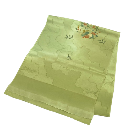S-Rank Silk Obiage (Semi-Formal) - Rikyu White Brown with Willow-Green Backing - Classic Floral Pattern - Length: Approx. 156cm, Width: Approx. 31cm, Green (Product Code: 1136001612919)