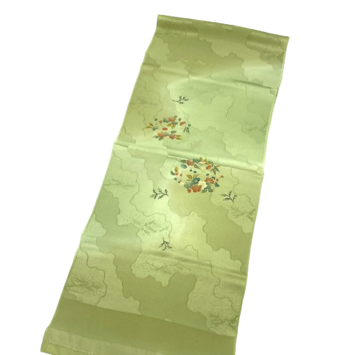 S-Rank Silk Obiage (Semi-Formal) - Rikyu White Brown with Willow-Green Backing - Classic Floral Pattern - Length: Approx. 156cm, Width: Approx. 31cm, Green (Product Code: 1136001612919)