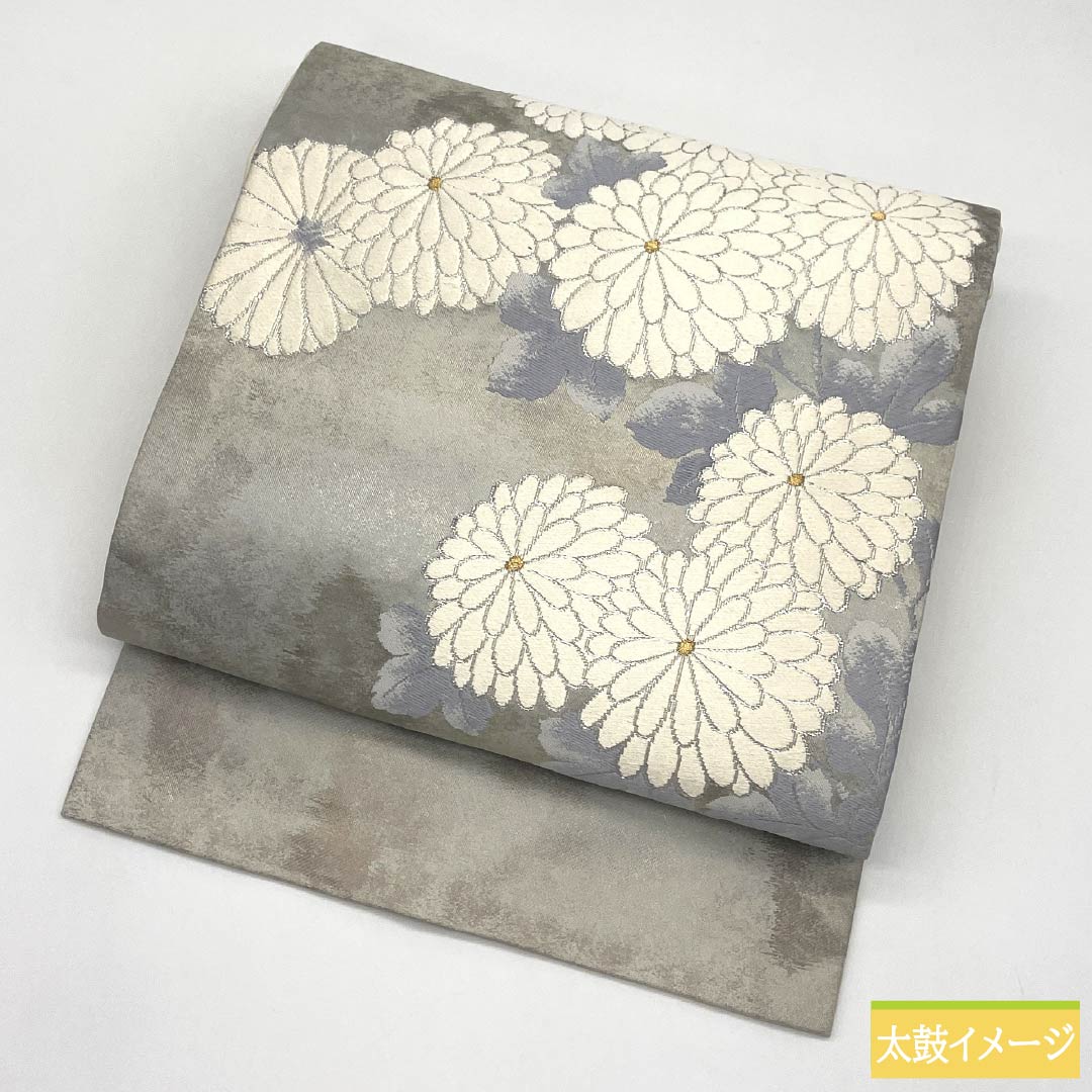 名古屋帯 正絹 Aランク 菊 西陣織 帯丈355cm ポイント柄 セミフォーマル 銀系 1124010343322 名古屋仕立て