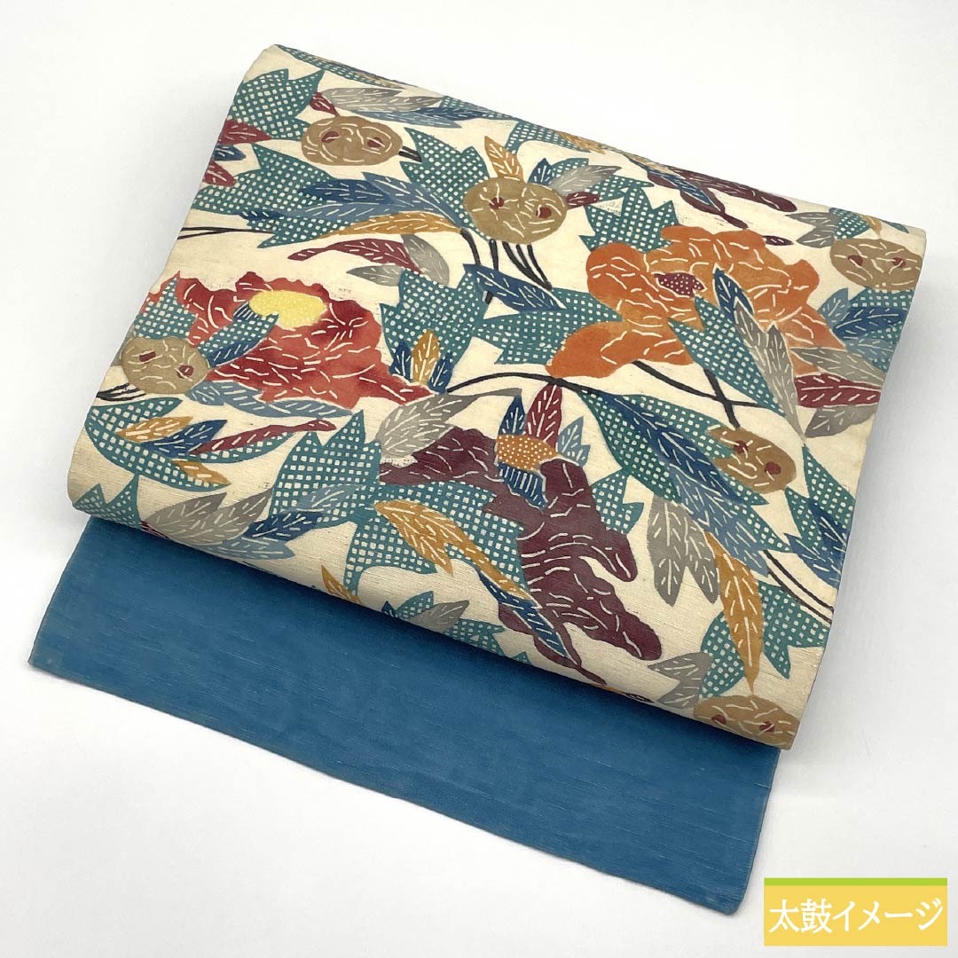 名古屋帯 正絹 Bランク 乳白色(にゅうはくしょく) 京紅型 染め帯 草花模様 帯丈349cm 六通 カジュアル クリーム系 1124009934315 名古屋仕立て