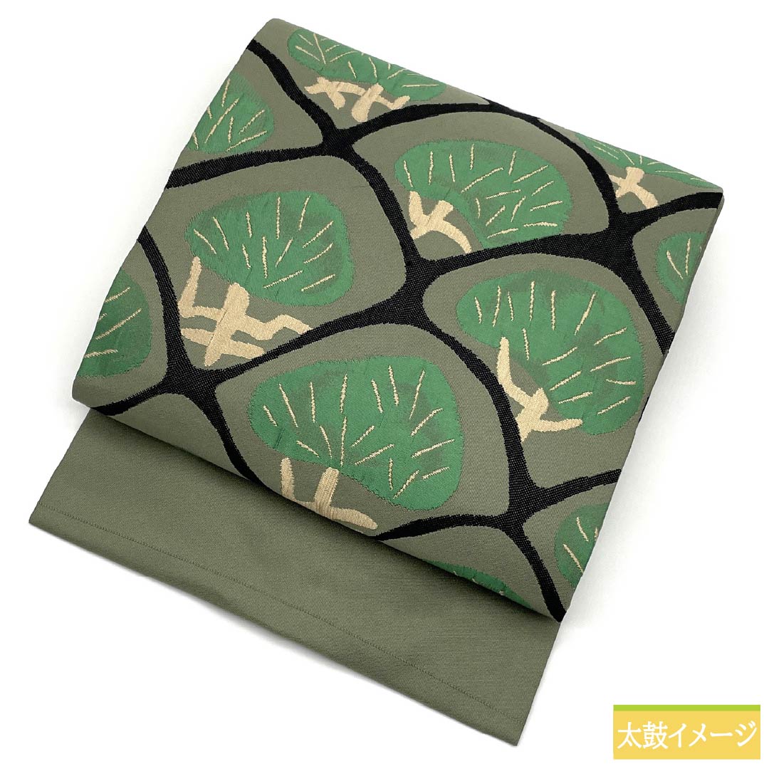 名古屋帯 正絹 Sランク 柳鼠色(やなぎねずいろ) 西陣織 松 帯丈373cm ポイント柄 カジュアル 緑系 1124010402319 名古屋仕立て