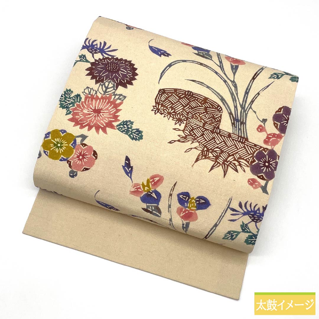 リサイクル着物】名古屋帯 正絹 Sランク 生成り色（きなりいろ） 京