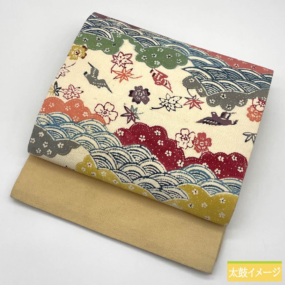 名古屋帯 正絹 Bランク 乳白色(にゅうはくしょく) 京紅型 染め帯 吉祥文様 帯丈402cm 六通 カジュアル クリーム系 1124009924415 松葉仕立て