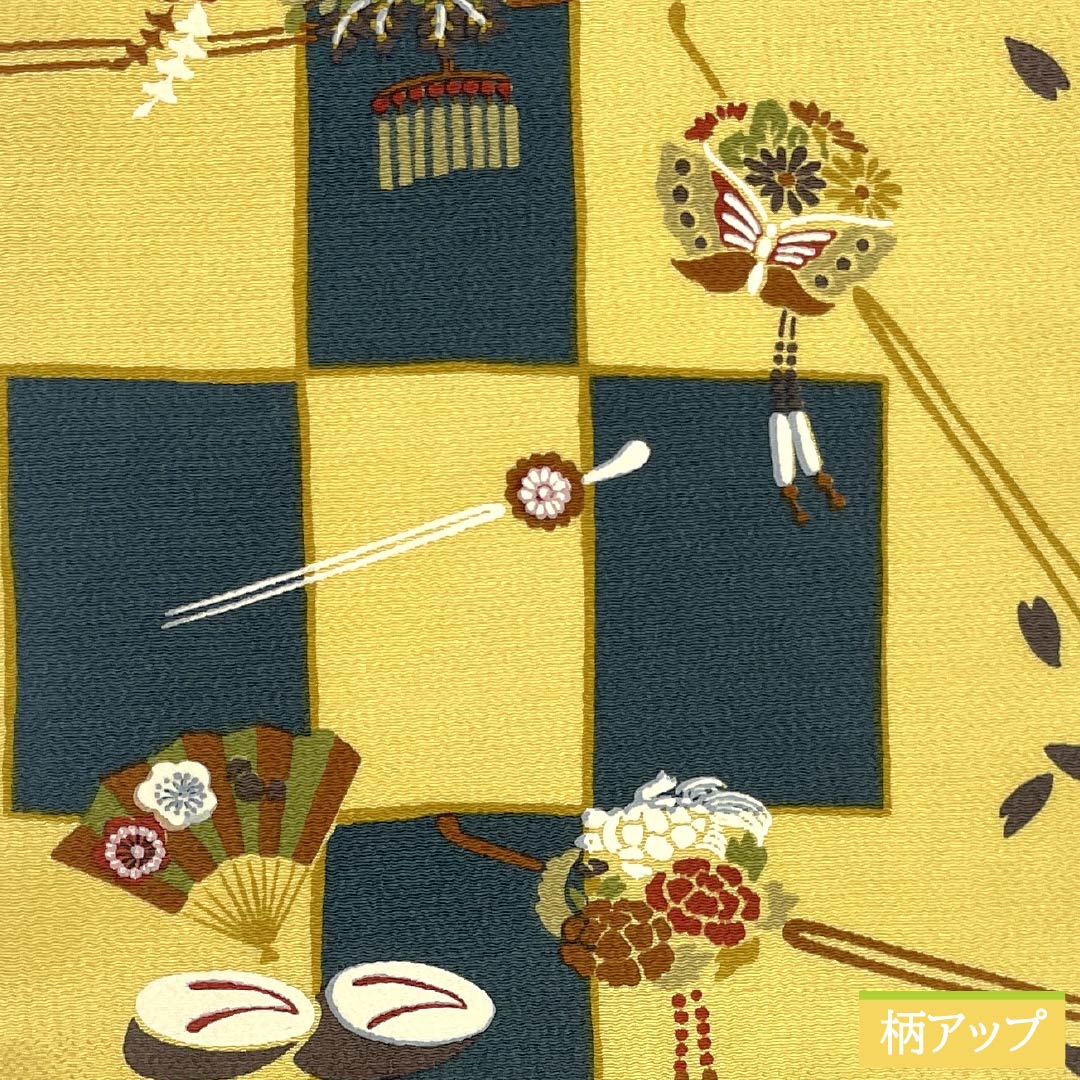 名古屋帯 正絹 Sランク 卵色(たまごいろ) 市松 染め帯 かんざし 帯丈350cm 全通 カジュアル 黄系 1124009962323 開き仕立て