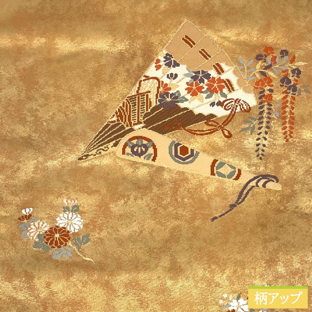 名古屋帯 正絹 Sランク 引箔 西陣織 亀甲 扇 帯丈347cm ポイント柄 セミフォーマル 金系 1124010192321 名古屋仕立て