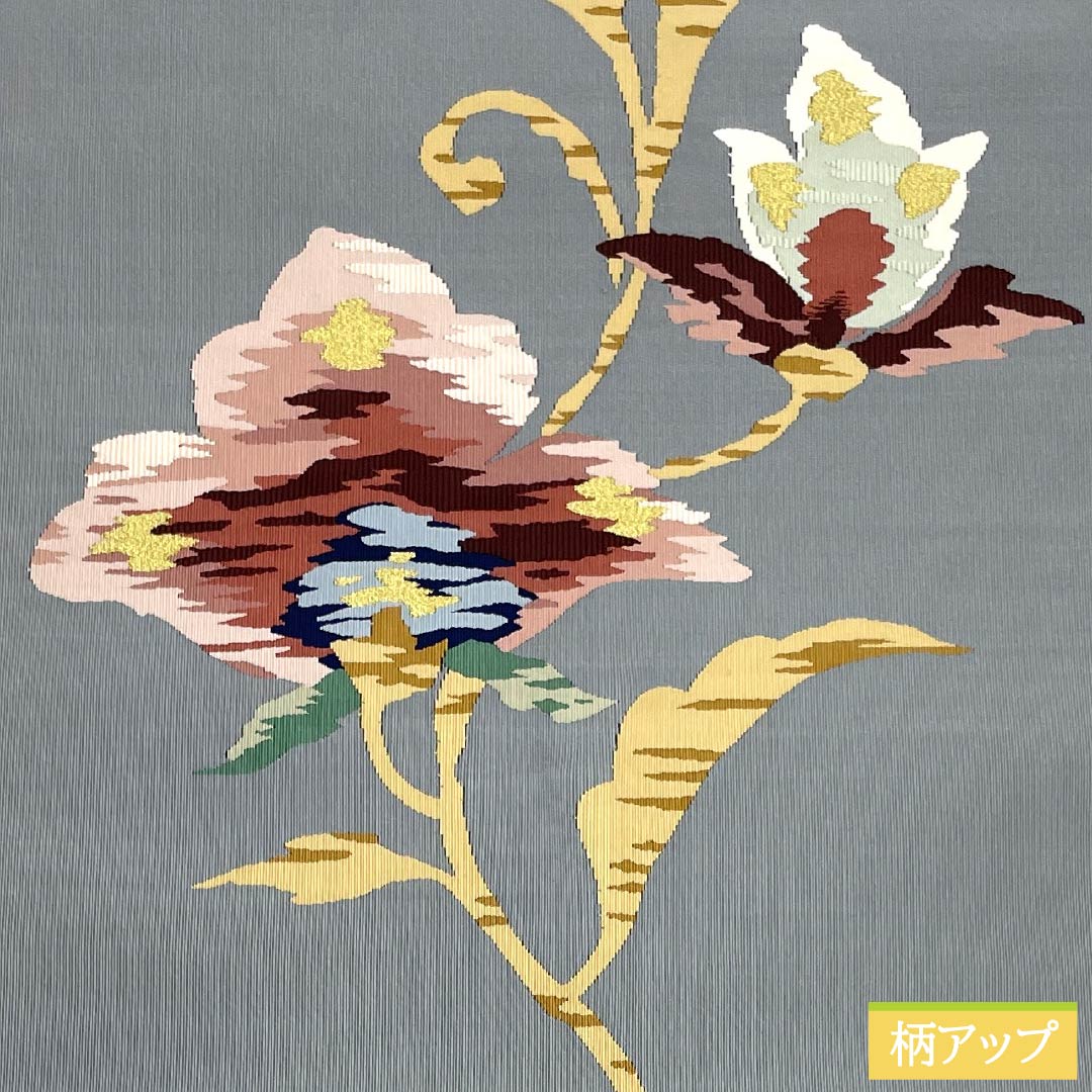 名古屋帯 正絹 Sランク 灰青色(はいあおいろ) 綴れ織 抽象花模様 帯丈356cm ポイント柄 セミフォーマル グレー系 1124010362322 松葉仕立て