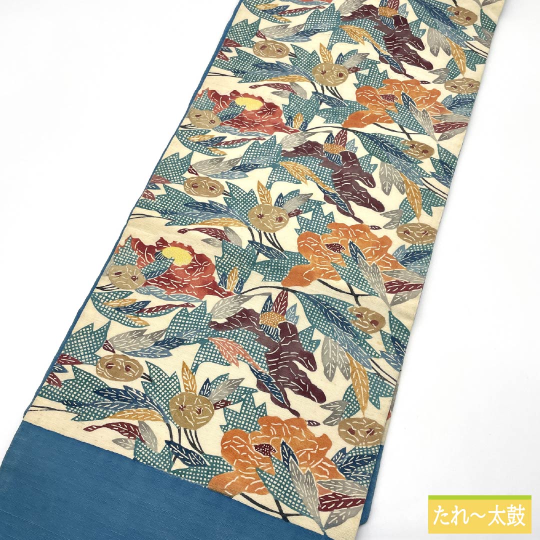 名古屋帯 正絹 Bランク 乳白色(にゅうはくしょく) 京紅型 染め帯 草花模様 帯丈349cm 六通 カジュアル クリーム系 1124009934315 名古屋仕立て