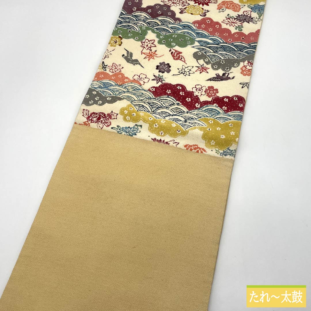 名古屋帯 正絹 Bランク 乳白色(にゅうはくしょく) 京紅型 染め帯 吉祥文様 帯丈402cm 六通 カジュアル クリーム系 1124009924415 松葉仕立て