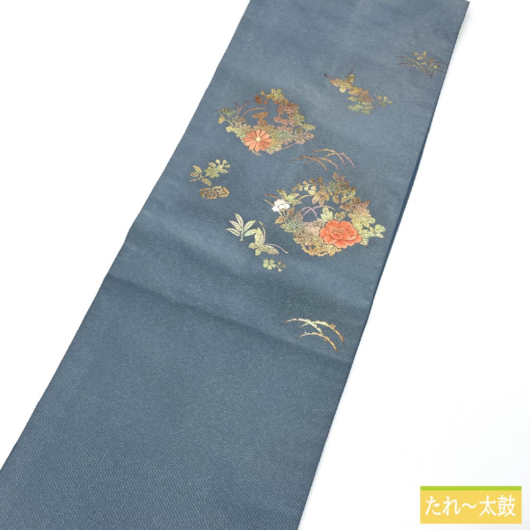 Nagoya Obi, Pure Silk, Grade A, Minato Nezuiro (Minato Gray), Nishijin-ori Weave, Gold Accents, Partial Embroidery, 358cm Long, Pointed Pattern, Casual Style, Blue, Product Number: 1124010163317, Nagoya Style