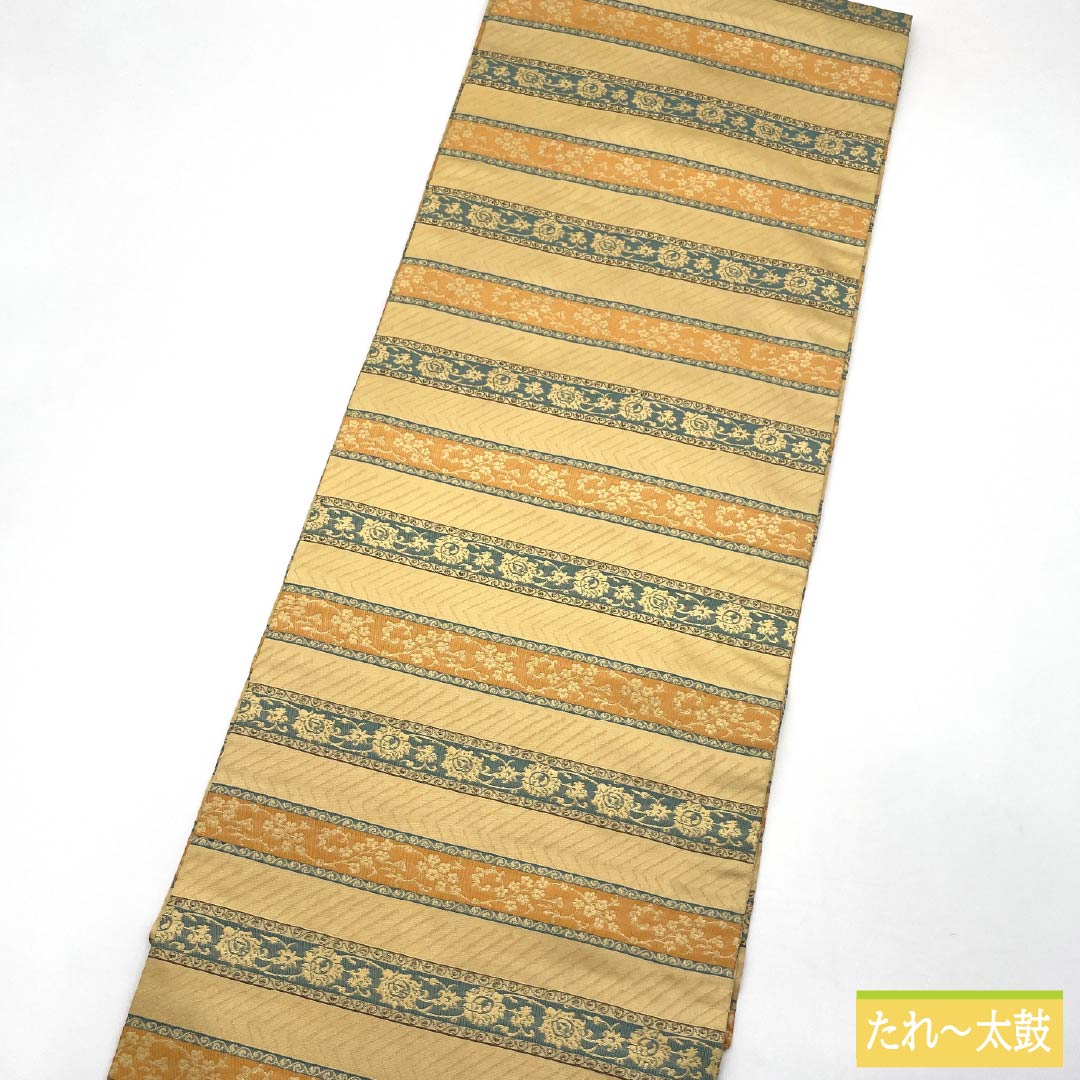 名古屋帯 正絹 Sランク 密陀僧色(みつだそういろ) 西陣織 正倉院文様 横段 帯丈358cm 全通 セミフォーマル 黄系 1124009972323 名古屋仕立て