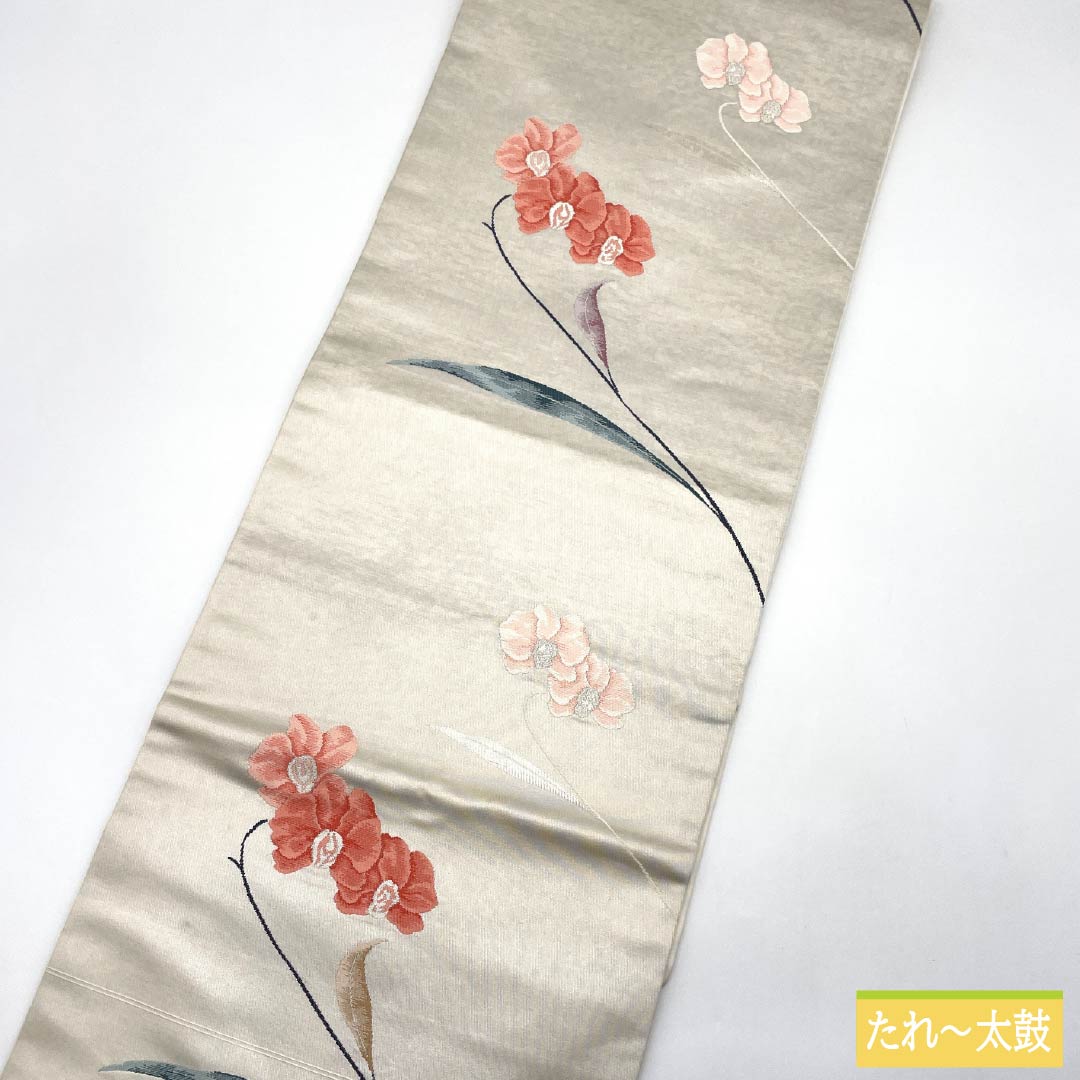 名古屋帯 正絹 Sランク 胡蝶蘭 西陣織 引箔 帯丈354cm ポイント柄 セミフォーマル 銀系 1124010392322 名古屋仕立て