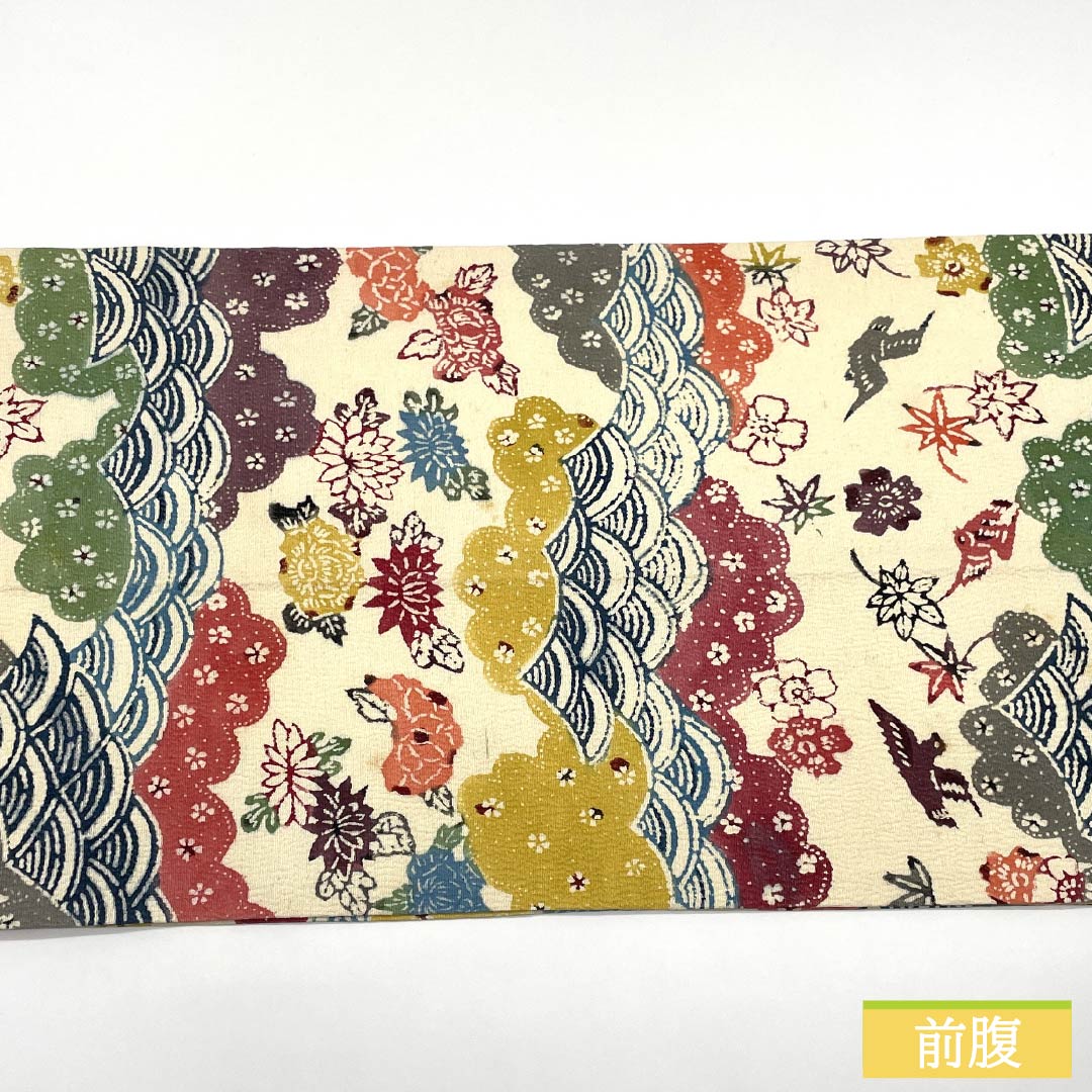 名古屋帯 正絹 Bランク 乳白色(にゅうはくしょく) 京紅型 染め帯 吉祥文様 帯丈402cm 六通 カジュアル クリーム系 1124009924415 松葉仕立て