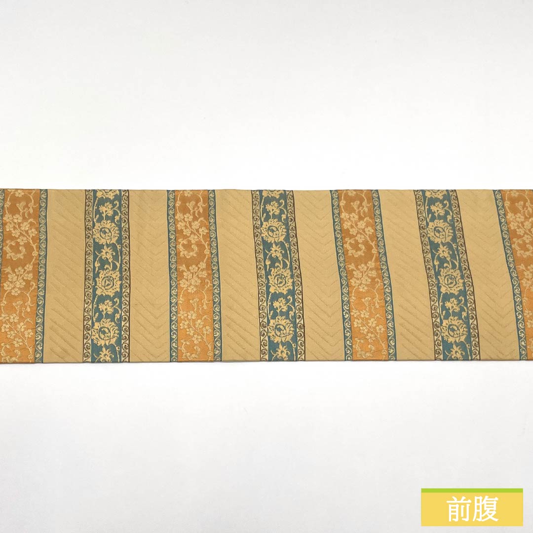 名古屋帯 正絹 Sランク 密陀僧色(みつだそういろ) 西陣織 正倉院文様 横段 帯丈358cm 全通 セミフォーマル 黄系 1124009972323 名古屋仕立て