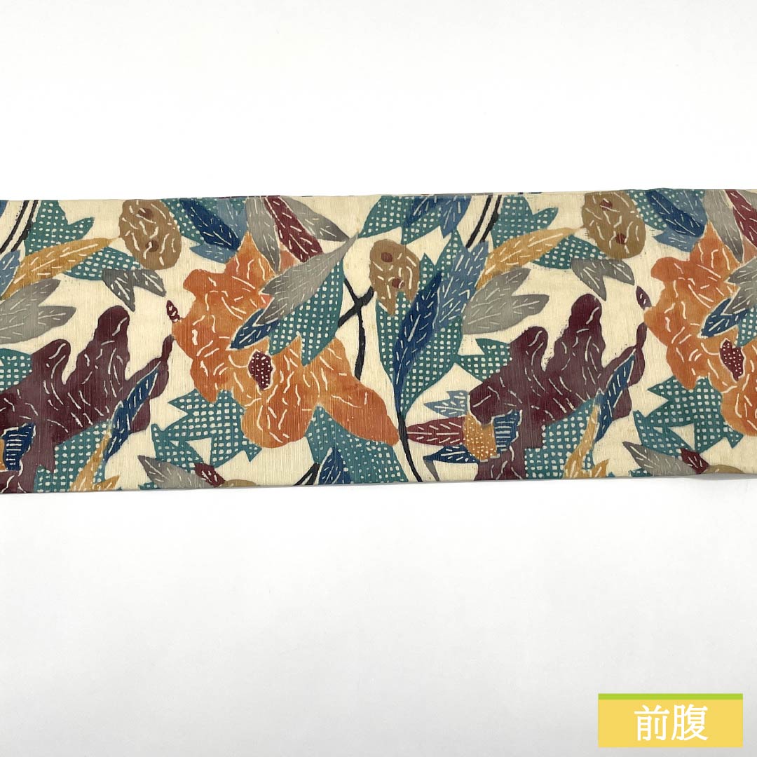 名古屋帯 正絹 Bランク 乳白色(にゅうはくしょく) 京紅型 染め帯 草花模様 帯丈349cm 六通 カジュアル クリーム系 1124009934315 名古屋仕立て