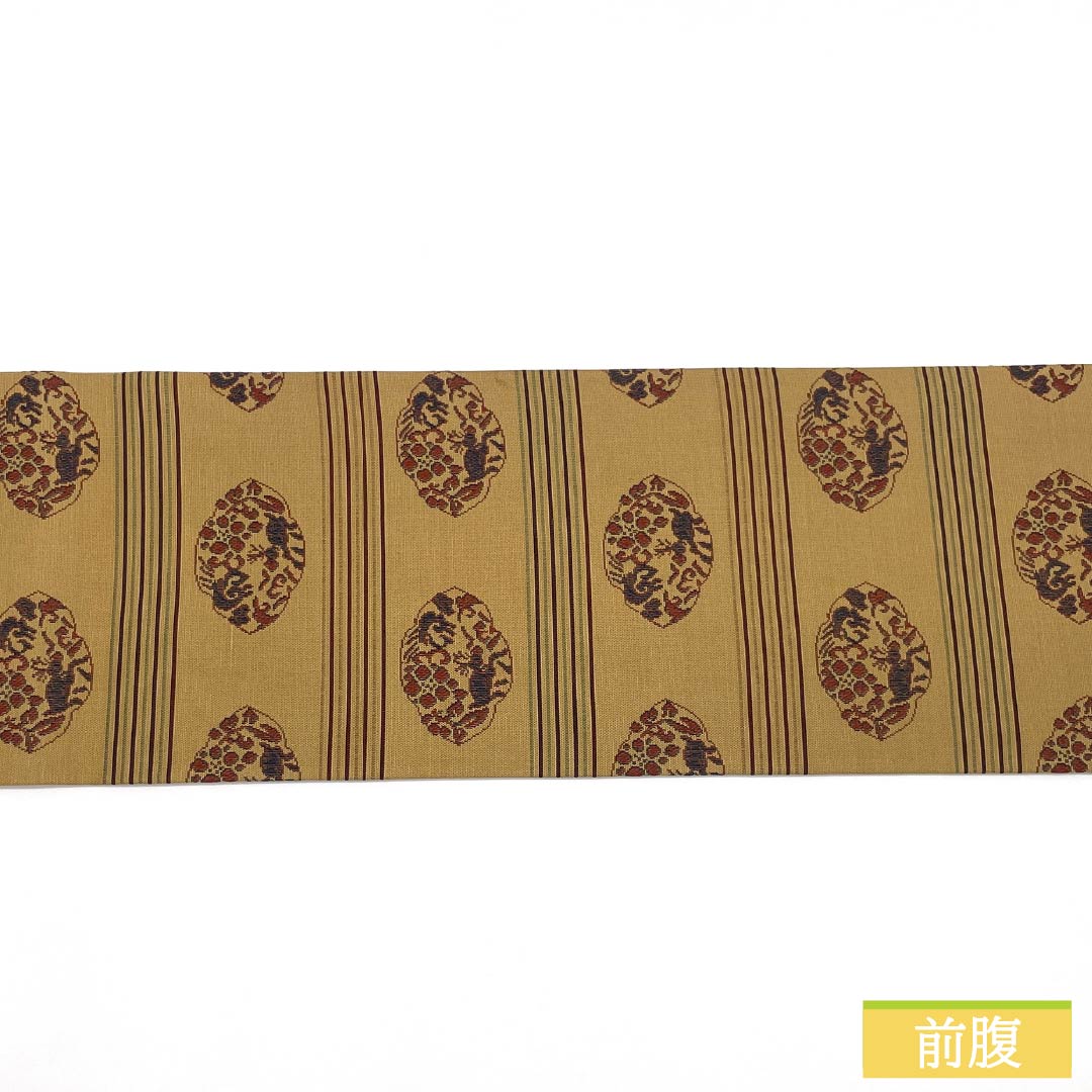 名古屋帯 正絹 Sランク 薄柑子色(うすこうじいろ) 紹巴織 正倉院文様 帯丈350cm 全通 カジュアル 黄系 1124010002323 名古屋仕立て