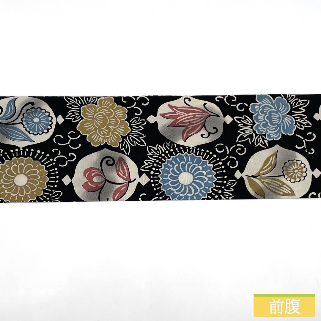 名古屋帯 正絹 Aランク 京紅型 染め帯 草花模様 帯丈354cm 全通 カジュアル 黒系 1124009903310 名古屋仕立て