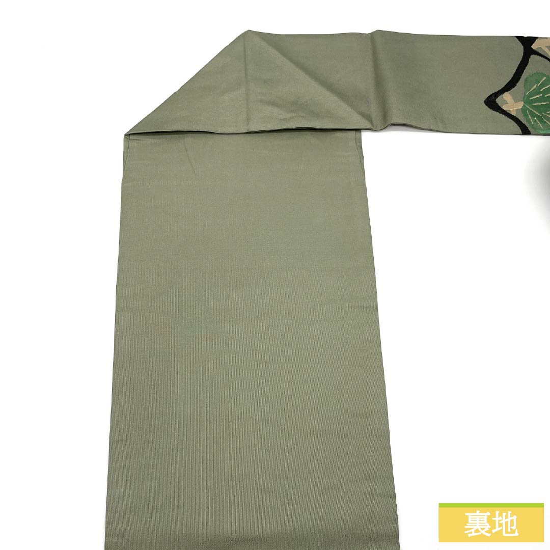 名古屋帯 正絹 Sランク 柳鼠色(やなぎねずいろ) 西陣織 松 帯丈373cm ポイント柄 カジュアル 緑系 1124010402319 名古屋仕立て