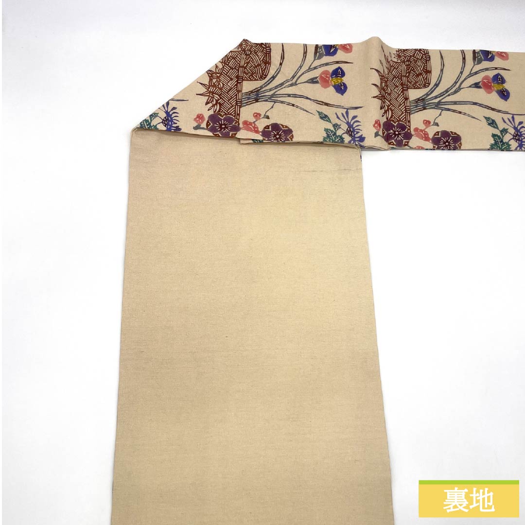 名古屋帯 正絹 Sランク 生成り色(きなりいろ) 京紅型 紬地 染め帯 帯丈355cm 六通 カジュアル クリーム系 1124009862315 名古屋仕立て