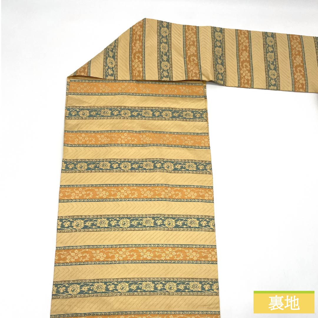 名古屋帯 正絹 Sランク 密陀僧色(みつだそういろ) 西陣織 正倉院文様 横段 帯丈358cm 全通 セミフォーマル 黄系 1124009972323 名古屋仕立て