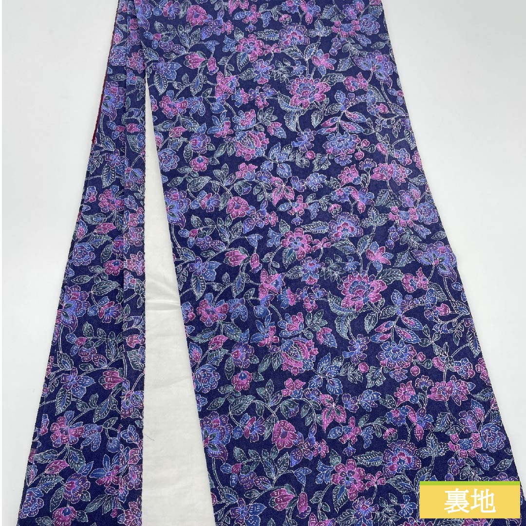 名古屋帯 正絹 Aランク 青紫色(あおむらさきいろ) 染め帯 ちりめん地 更紗模様 帯丈344cm 全通 カジュアル 紫系 1124010263320 開き仕立て