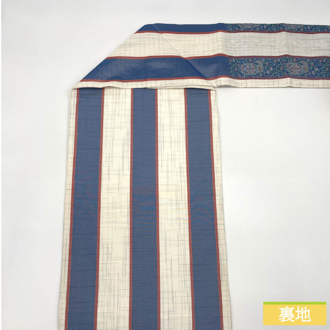 名古屋帯 正絹 Sランク 縞 西陣織 更紗模様 帯丈361cm ポイント柄 カジュアル 白系 1124010332311 名古屋仕立て