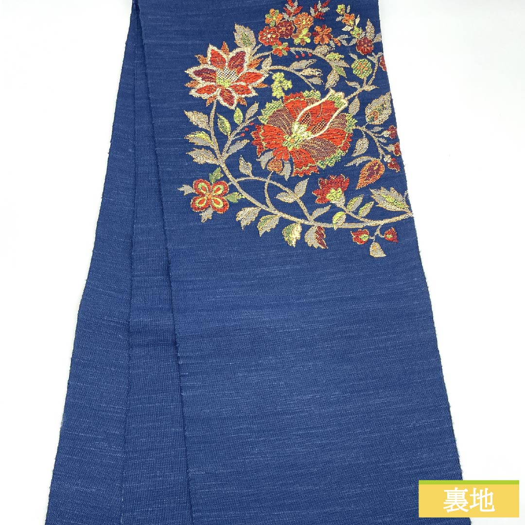 名古屋帯 正絹 Sランク 抽象花 西陣織 帯丈348cm ポイント柄 カジュアル 紺系 1124010122318 名古屋仕立て