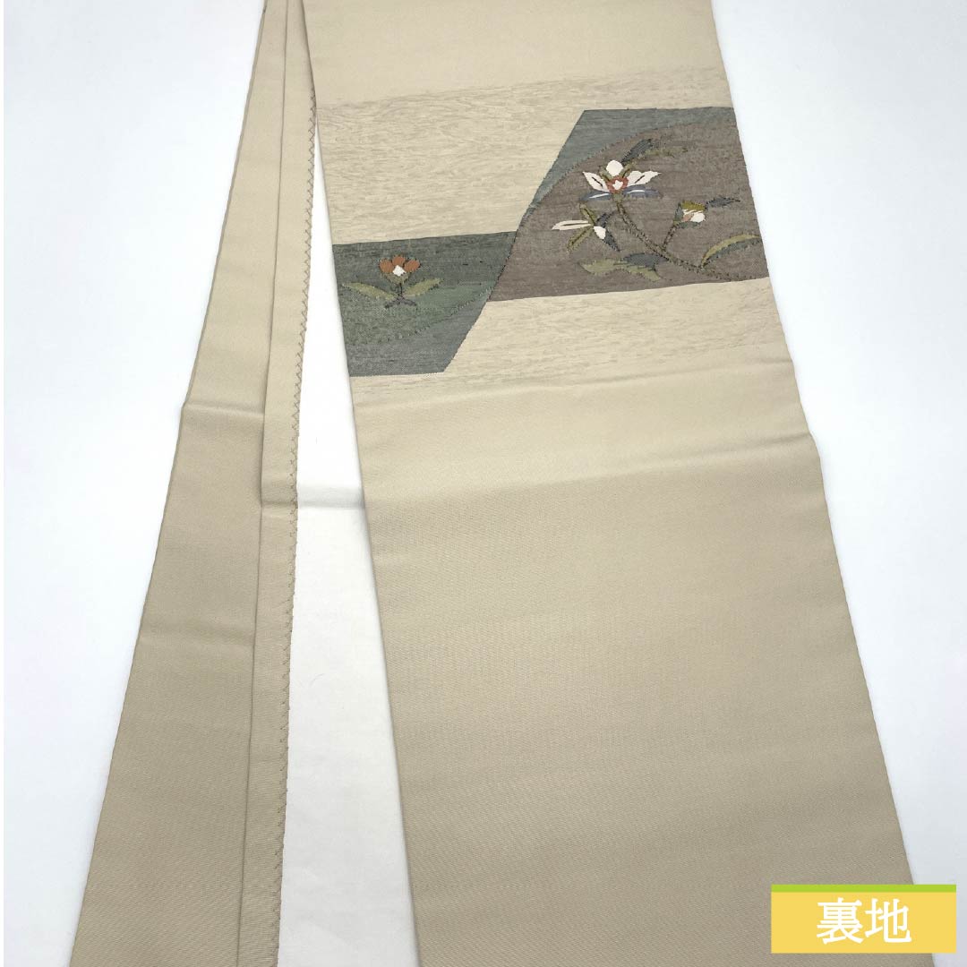 名古屋帯 正絹 Sランク 蕎麦切色(そばきりいろ) すくい織 草花模様 帯丈378cm ポイント柄 カジュアル ベージュ系 1124010052325 開き仕立て