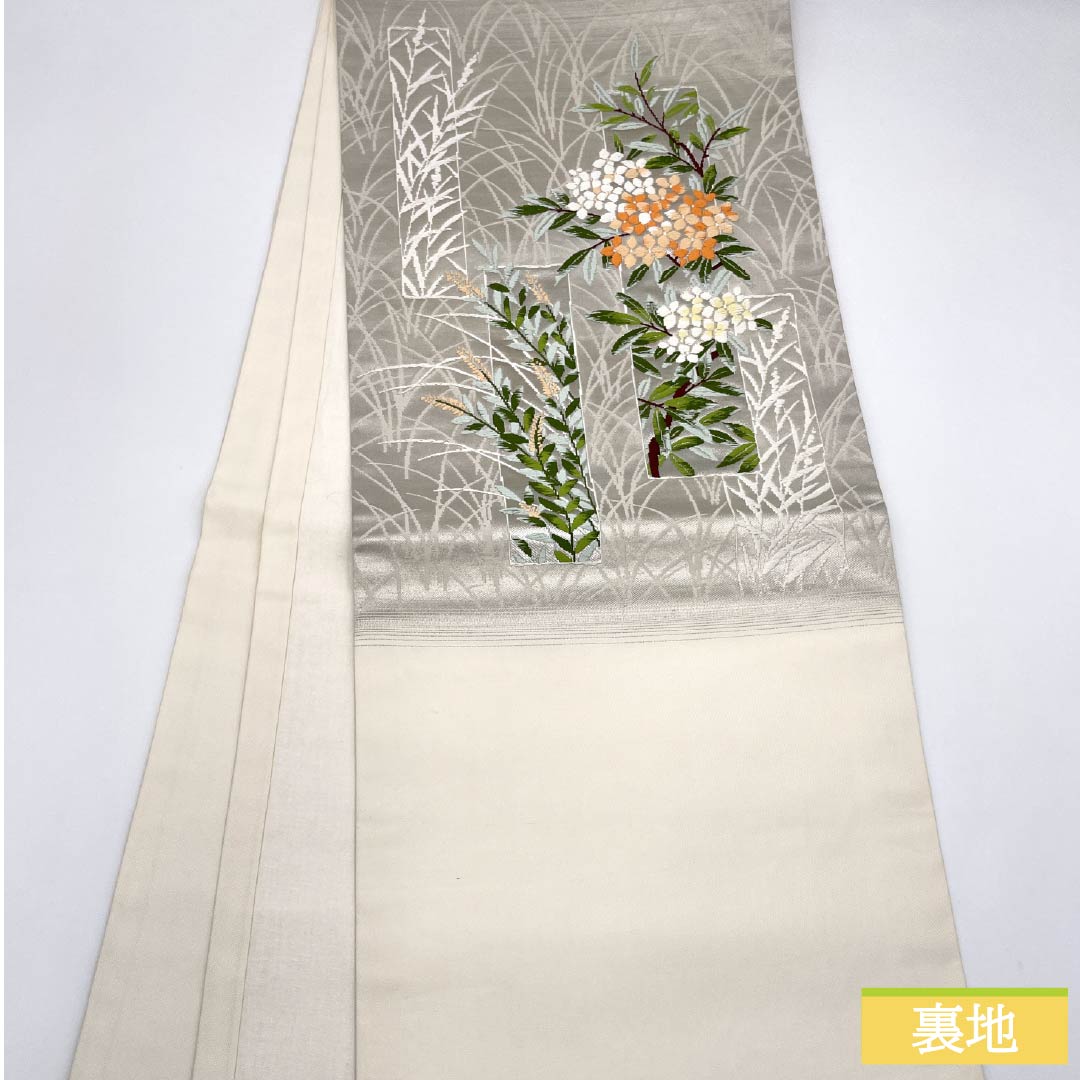 名古屋帯 正絹 Aランク 短冊 西陣織 草花模様 帯丈358cm ポイント柄 セミフォーマル 銀系 1124010213322 開き仕立て
