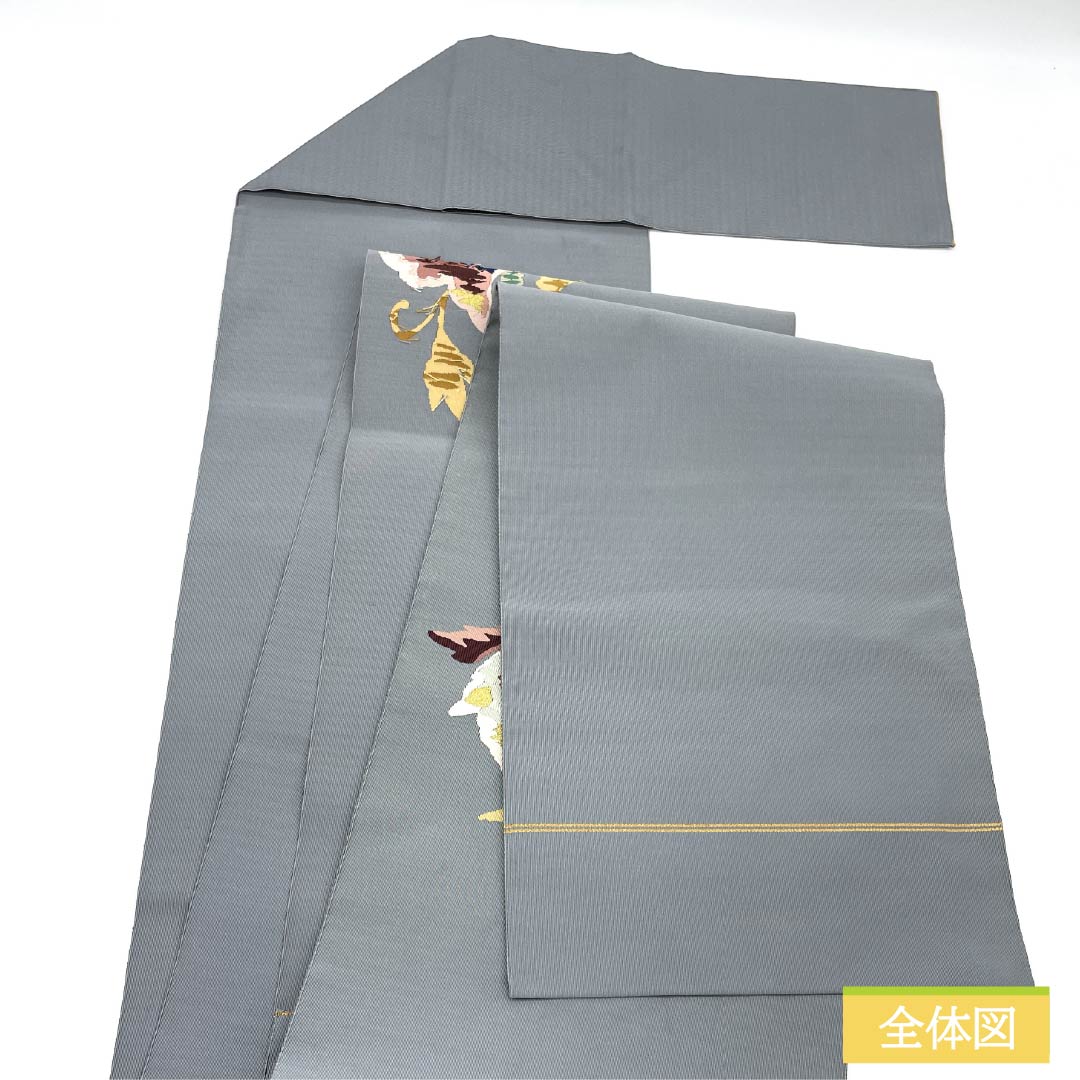 名古屋帯 正絹 Sランク 灰青色(はいあおいろ) 綴れ織 抽象花模様 帯丈356cm ポイント柄 セミフォーマル グレー系 1124010362322 松葉仕立て