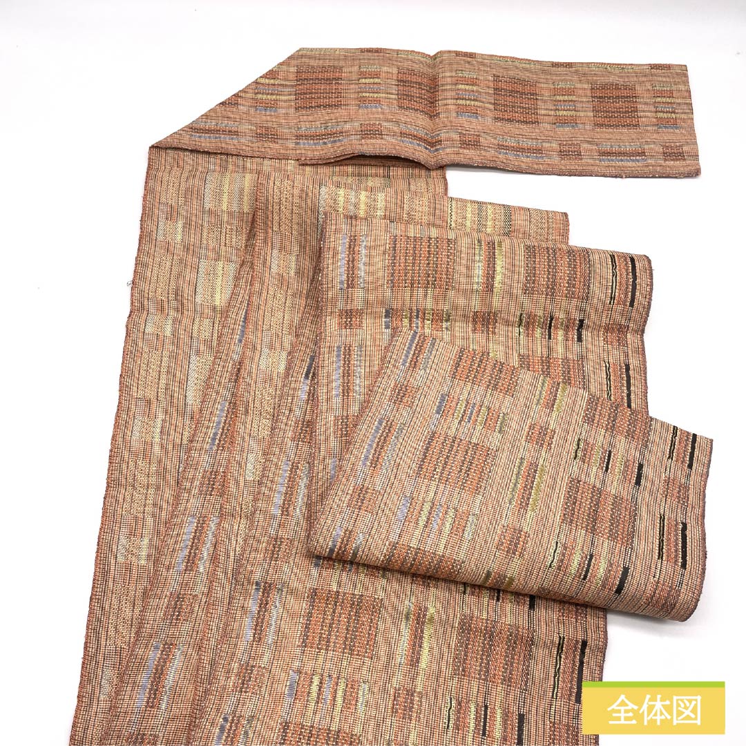 名古屋帯 正絹 Sランク 薄赤色(うすあかいろ) 西陣織 幾何学模様 帯丈385cm 全通 カジュアル ピンク系 1124009992413 松葉仕立て