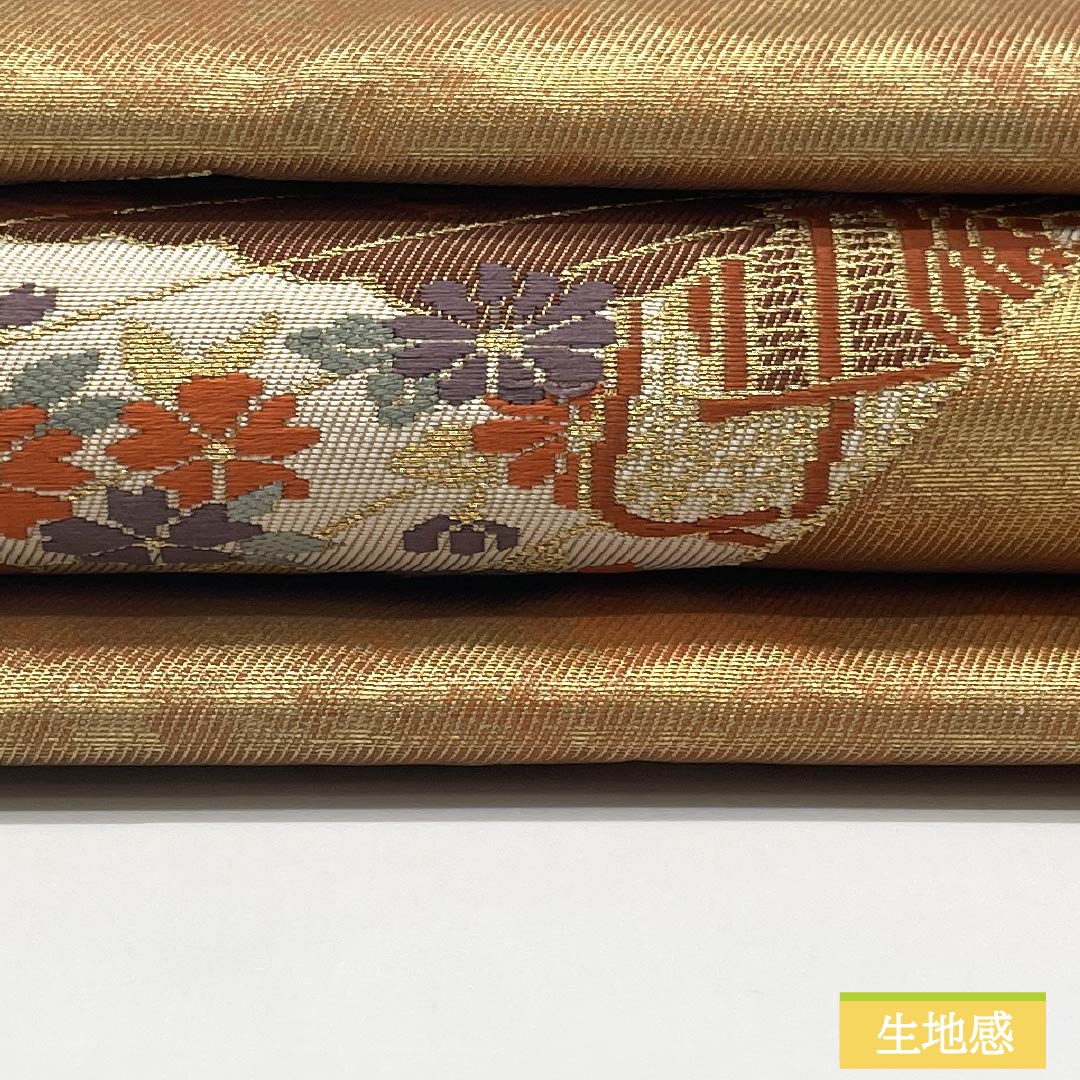 名古屋帯 正絹 Sランク 引箔 西陣織 亀甲 扇 帯丈347cm ポイント柄 セミフォーマル 金系 1124010192321 名古屋仕立て