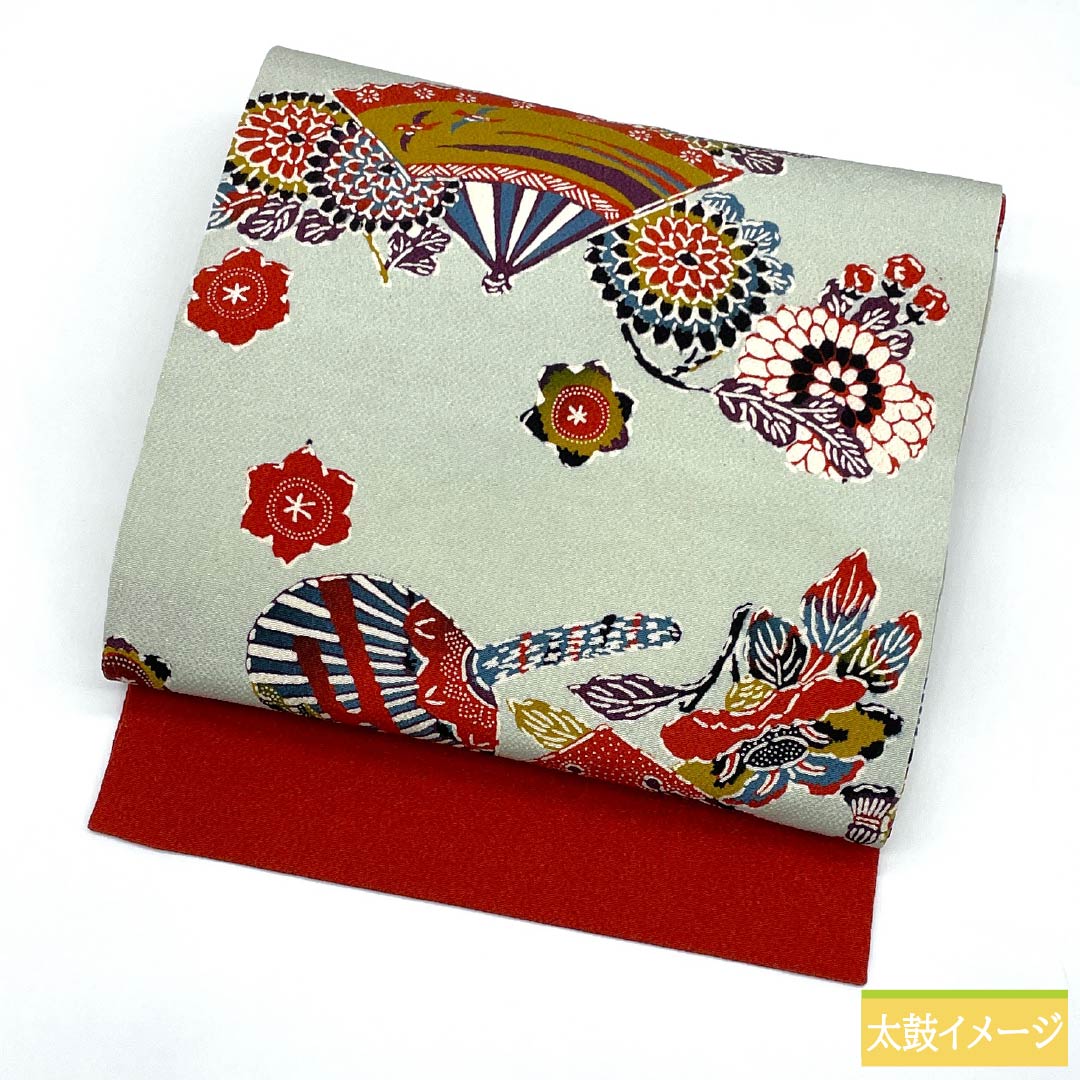 名古屋帯 正絹 Aランク 青白磁色(せいはくじいろ) 型染 扇 花 帯丈350cm 全通 カジュアル 水色系 1124011573324 名古屋仕立て