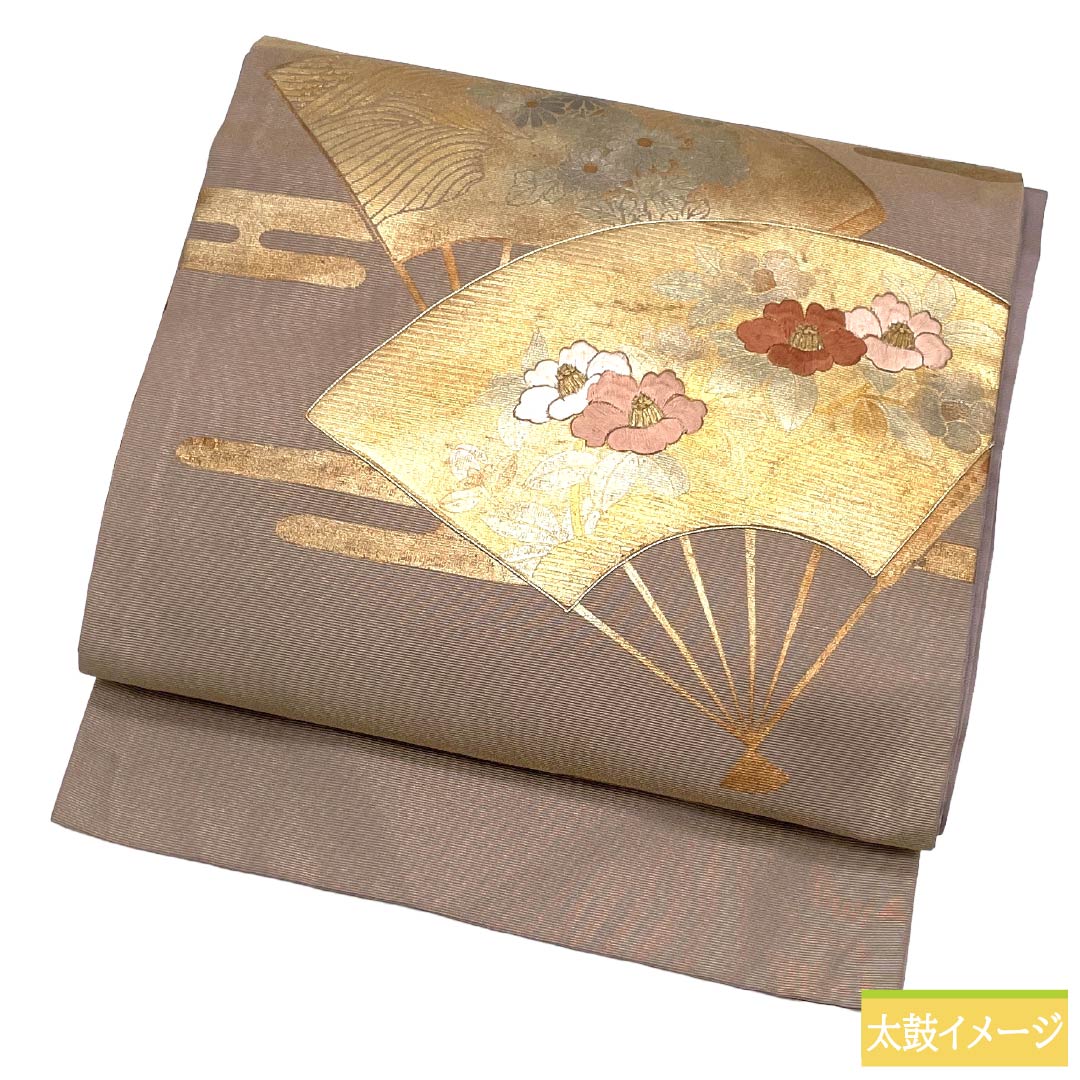 名古屋帯 正絹 Sランク 名古屋仕立て 都鼠色(みやこねずいろ) 古典柄 扇面 草花 帯丈356cm ポイント柄 セミフォーマル 紫系 1124012532320