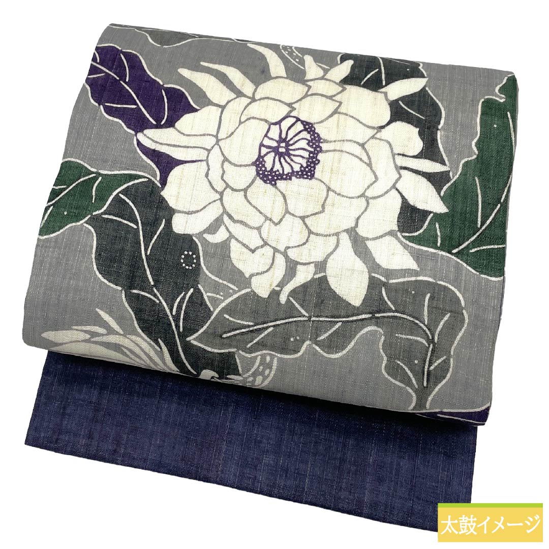 (新品)名古屋帯 正絹 NEWランク 名古屋仕立て 灰色(はいいろ) 栗山吉三郎 京紅型 月下美人 帯丈378cm ポイント柄 カジュアル グレー系 1124013081322
