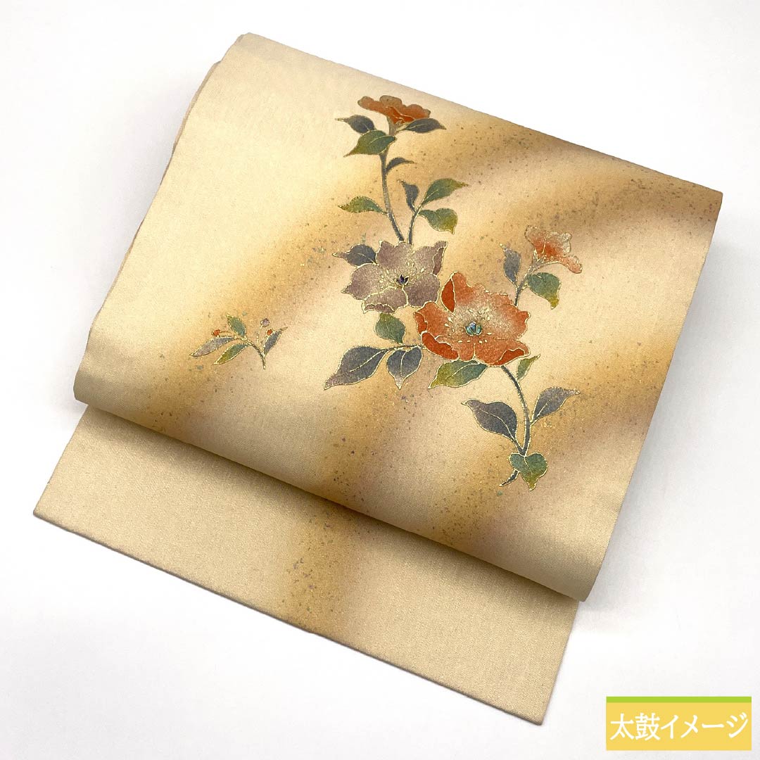 正絹大きめ付け帯新品 リサイクル着物】（京袋帯）名古屋帯 正絹 Aランク 金色 金彩加工 花柄