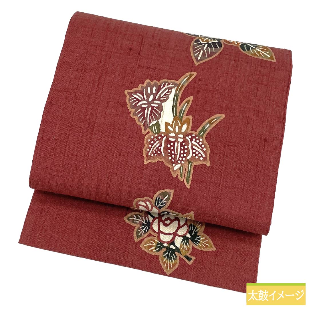 名古屋帯 正絹 Sランク 名古屋仕立て 生臙脂色(しょうえんじいろ) 型染 草花模様 紬地 帯丈371cm ポイント柄 カジュアル 赤系 1124012462312