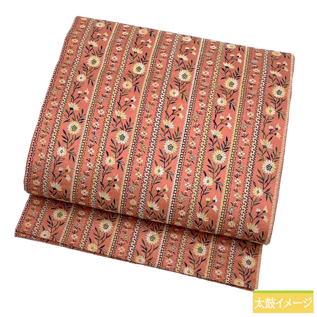 名古屋帯 正絹 Sランク 松葉仕立て 紅梅色(こうばいいろ) 縞 小花柄 帯丈330cm 全通 カジュアル ピンク系 1124012362313