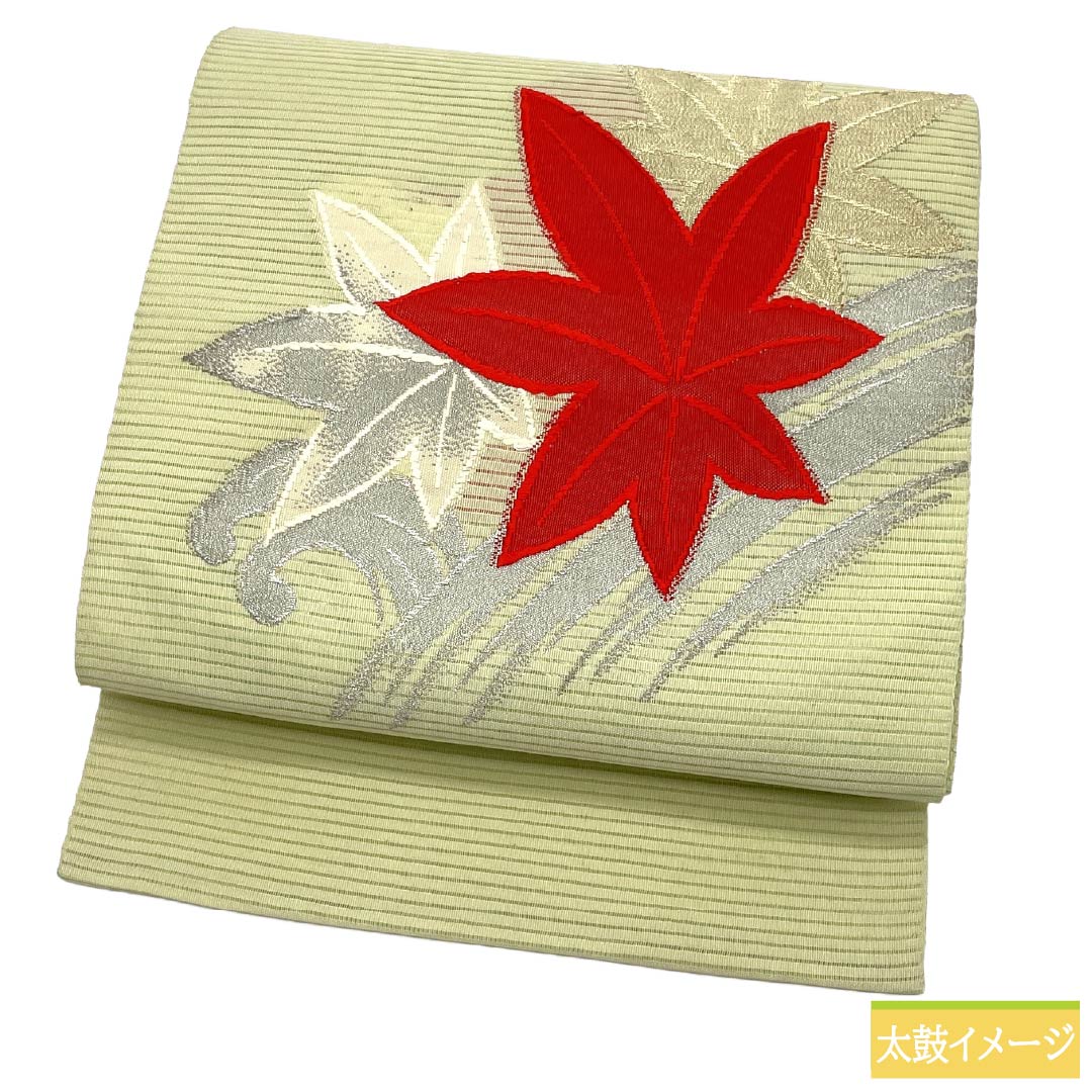 名古屋帯 正絹 Aランク 名古屋仕立て 若芽色(わかめいろ) 夏帯 古典柄 紅葉 帯丈334cm ポイント柄 セミフォーマル 緑系 1124013033319
