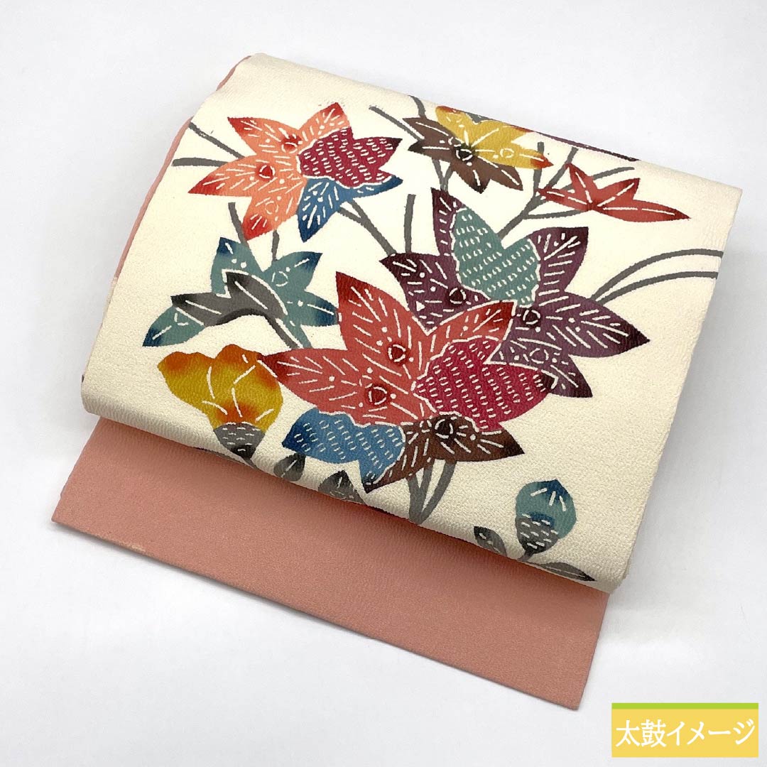 (京袋帯)名古屋帯 正絹 Aランク 乳白色(にゅうはくしょく) 京紅型 東雲色(しののめいろ) 花柄 帯丈345cm 六通 カジュアル 白系 1124011073311 名古屋仕立て