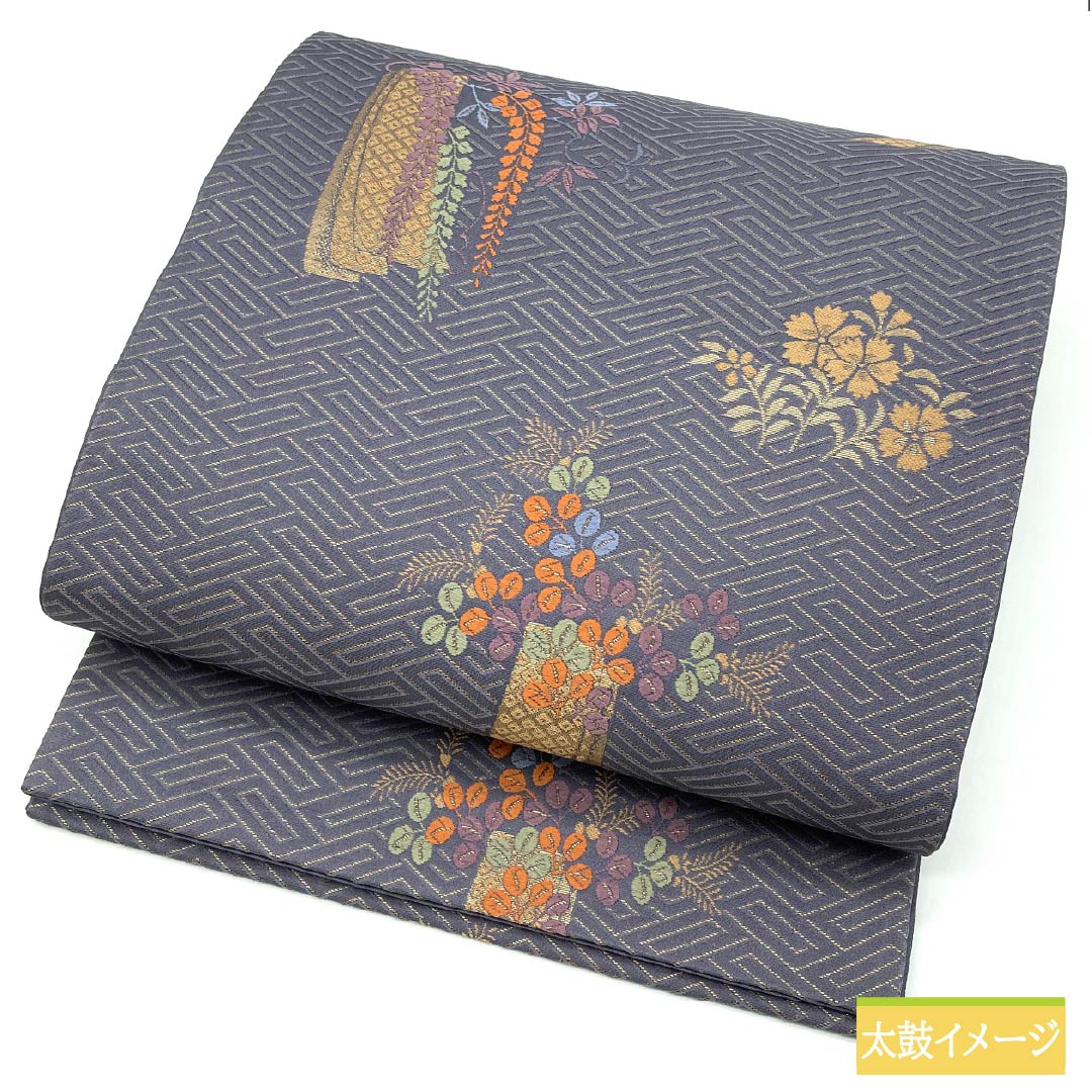 袋帯 正絹 鳩羽紫色(はとばむらさき)いろ 西陣織 秋草 藤 萩 帯丈424cm Sランク 六通 セミフォーマル 紫系 1123012902320