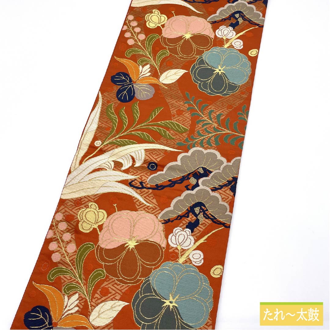 A-Rank Pure Silk Obi in Red, Nishijin-ori by Hakuayaen Oba, featuring auspicious motifs, 428cm long, six-pass obi, formal, vermilion, Item Number: 1123015903316