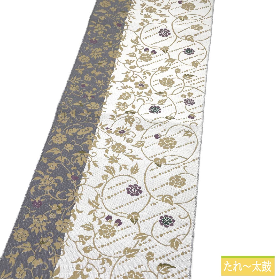 名古屋帯 ポリエステル Aランク 開き仕立て 唐草模様 帯丈376cm 六通 カジュアル 白系 1124013963311