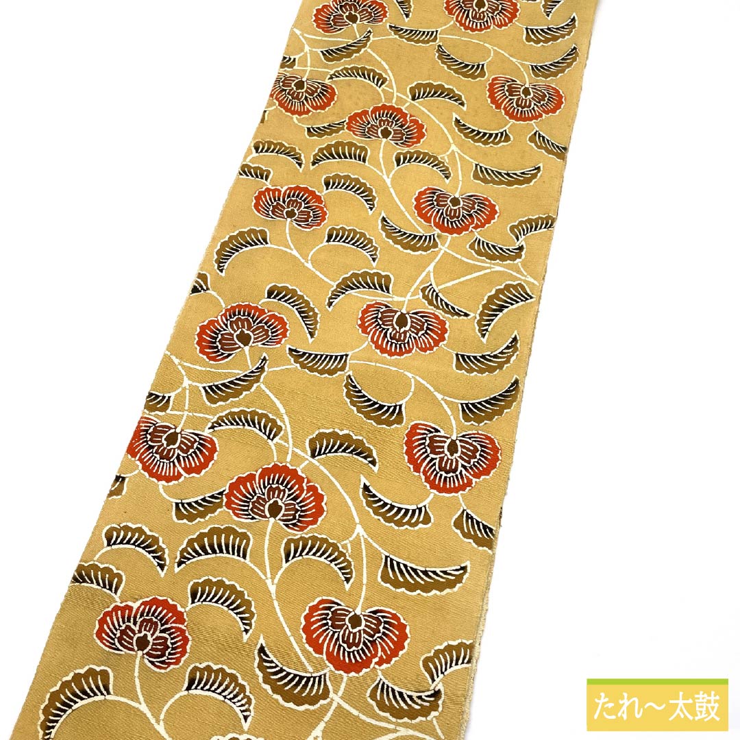 名古屋帯 正絹 Aランク 麦藁色(むぎわらいろ) 京紅型 唐花模様 紬地 帯丈362cm 六通 カジュアル ベージュ系 1124011213325 松葉仕立て