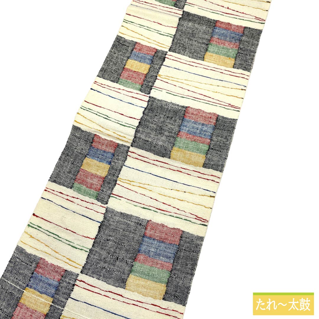 Nagoya obi, genuine silk, S rank, Matsuba tailoring, milky white, geometric pattern, colorful, pop, obi length 330cm, Rokutsu, casual, white color, 1124011822311