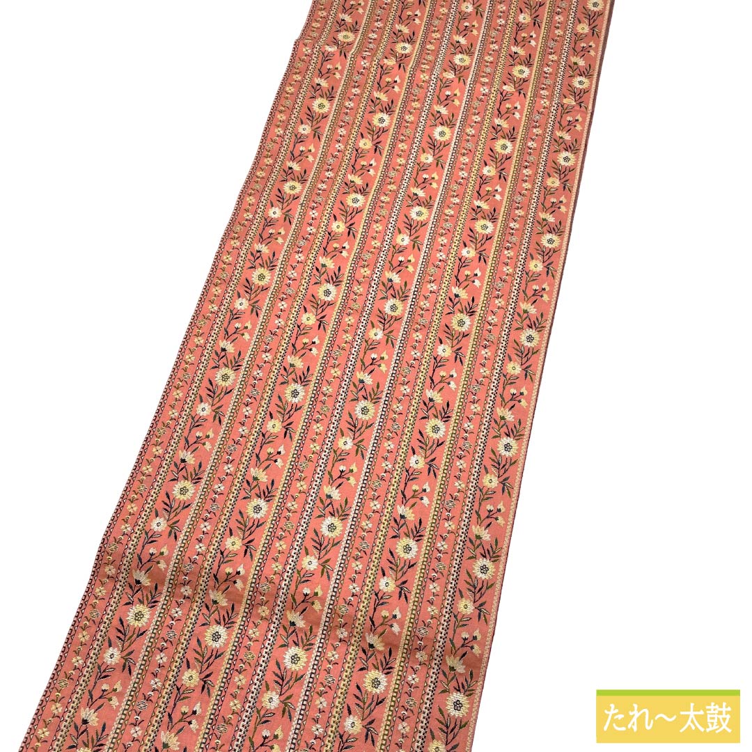 名古屋帯 正絹 Sランク 松葉仕立て 紅梅色(こうばいいろ) 縞 小花柄 帯丈330cm 全通 カジュアル ピンク系 1124012362313