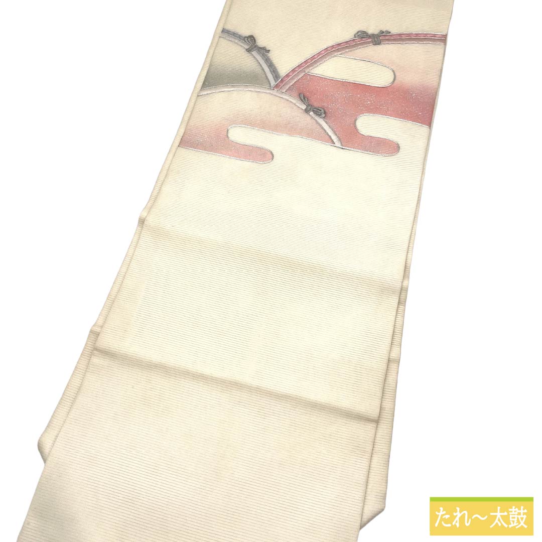 名古屋帯 正絹 Aランク 名古屋仕立て 乳白色(にゅうはくしょく) 夏帯 紐 雲 帯丈354cm ポイント柄 セミフォーマル 白系 1124013003311