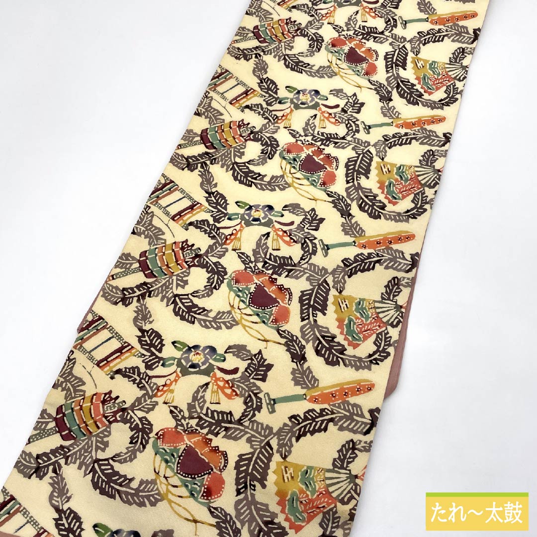 Nagoya obi, genuine silk, A rank, obana-iro (cream), Kyo-bingata botanical pattern, obi length 325cm, rokkaku, casual, cream system, 1124011253315, Nagoya tailoring