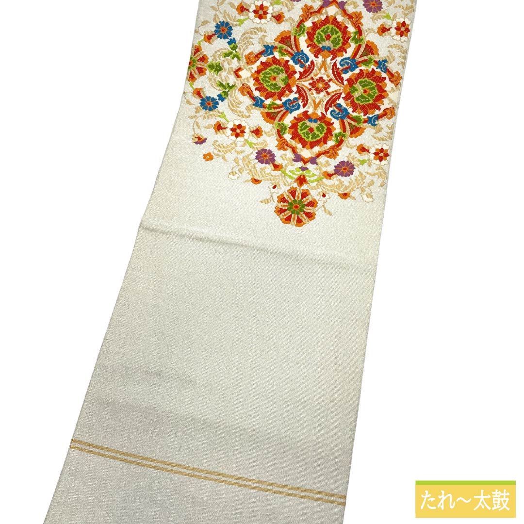 名古屋帯 正絹 Aランク 松葉仕立て 銀色(ぎんいろ) 花文様 綴れ織り 帯丈355cm ポイント柄 セミフォーマル 銀系 1124012783322