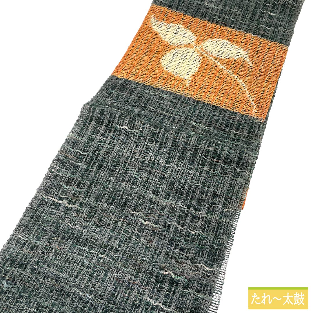 名古屋帯 正絹 Sランク 松葉仕立て 鉄色(てついろ) 夏帯 植物柄 長尺 帯丈383cm ポイント柄 カジュアル 緑系 1124012872419