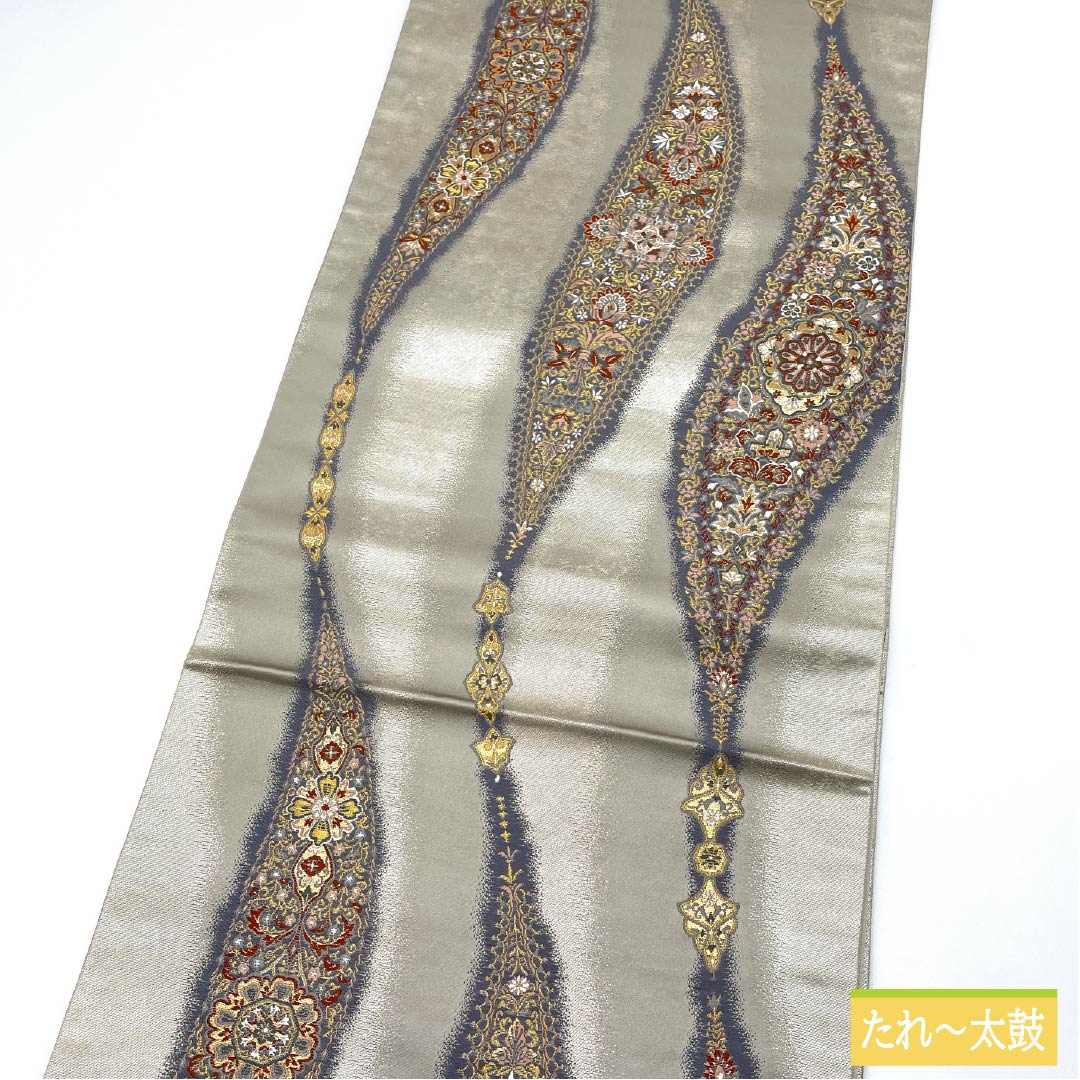 Fukuro Obi (Sash) - Pure Silk, Silver (Gin-iro) - Nishijin Weave - Kano Yuki - Paisley Pattern - Obi Length: 442cm - S Rank - Six-way - Semi-formal - Silver 1123012922322